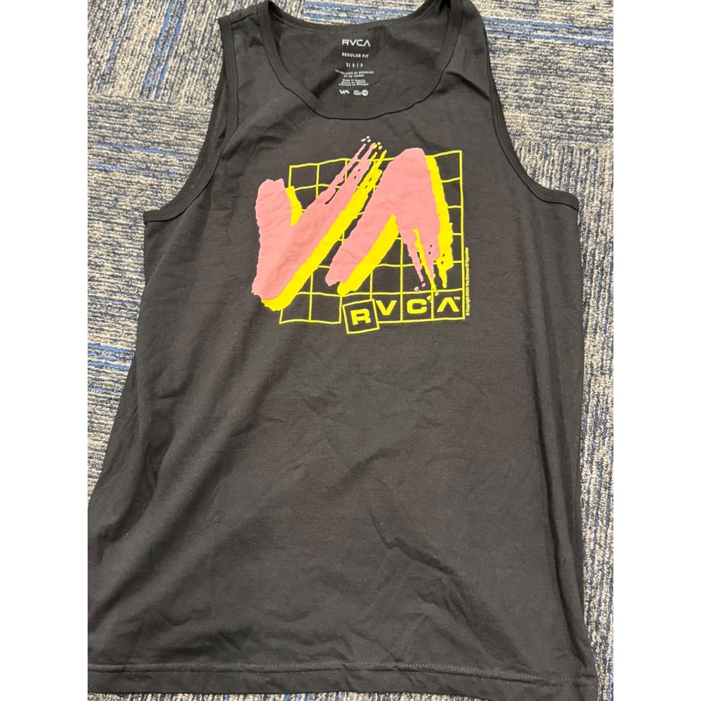 RVCA Mens Regular Fit Graphic Tank Top Black 80s Retro Neon Small